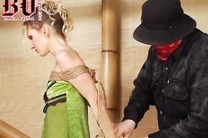 Slim and hot golden-haired hottie is bound up and stripped