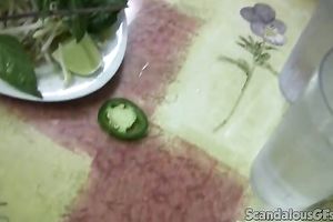 Pale skin brunette hair chick eats noodle soup on livecam