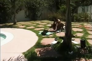 Seductive swarthy beauties eat out every other's moist love tunnels having ardent sex by the poolside