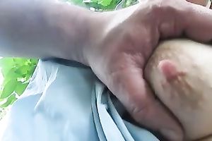 Feeling her big saggy breasts with my hands on non-professional sex clip