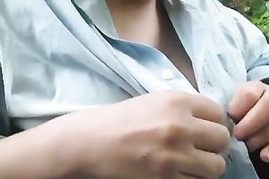 Feeling her big saggy breasts with my hands on non-professional sex clip