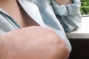 Feeling her big saggy breasts with my hands on non-professional sex clip