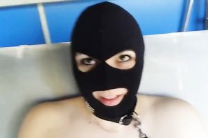 Masked manacled plump doxy with massive boobies masturbated herself on bench
