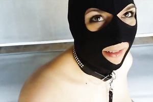 Masked manacled plump doxy with massive boobies masturbated herself on bench