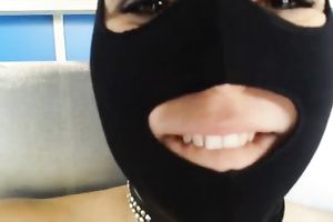 Masked manacled plump doxy with massive boobies masturbated herself on bench