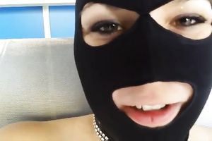 Masked manacled plump doxy with massive boobies masturbated herself on bench