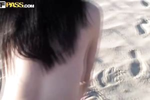 Wild sex on the sun shiny beach with luscious brunette hair legal age teenager Ella