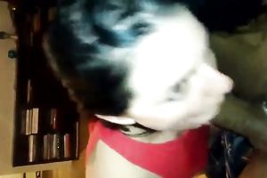 Dark haired gal in red top was blowing my friend's overweight dark cock