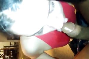 Dark haired gal in red top was blowing my friend's overweight dark cock