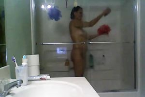 My sunburned dark brown GF takes shower on hidden webcam