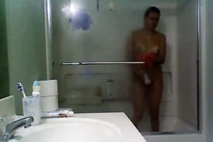 My sunburned dark brown GF takes shower on hidden webcam