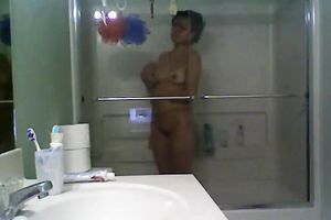My sunburned dark brown GF takes shower on hidden webcam