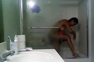 My sunburned dark brown GF takes shower on hidden webcam