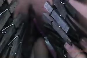 Lusty golden-haired bitch with lots of pins all over her body suffers in the castigation room