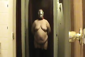Handcuffed big beautiful woman girlfriend obediently positions on livecam in nylons