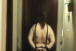 Handcuffed big beautiful woman girlfriend obediently positions on livecam in nylons