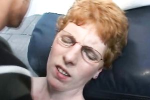 Mature short haired ginger white wife team-fucked on the diminutive sofa