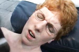 Mature short haired ginger white wife team-fucked on the diminutive sofa