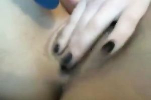 Brunette cutie toyes her bald muff to big O in web camera solo