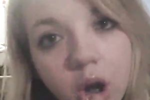 Beautiful and hot golden-haired legal age teenager squeezes her cute milk cans on the livecam