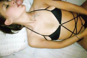 Zealous svelte dilettante dark brown in crotchless dark bikini was giving a nice BJ