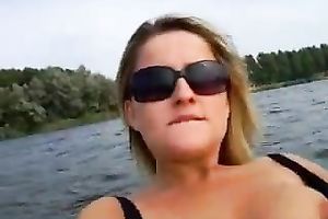 My sexually excited blond wifey showing her muff in the motorboat