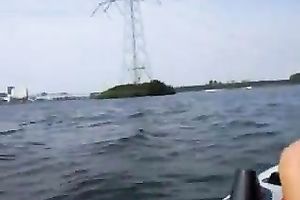 My sexually excited blond wifey showing her muff in the motorboat