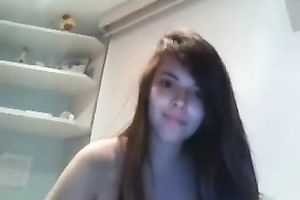 Appetizing large breasted all bare lazy brunette hair posed for me on web camera