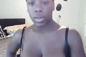 Goofy breasty dark black cock slut flashing her sexy arse and large zeppelins on web camera