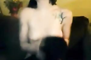 Tatted ribald bitch shoving moist wet crack with marital-device in solo movie scene