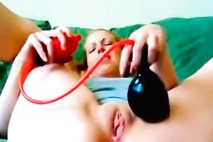 Chunky legal age teenager floozy pumping her cum-hole and backdoor with a dildo