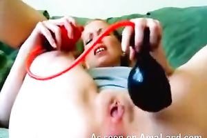 Chunky legal age teenager floozy pumping her cum-hole and backdoor with a dildo