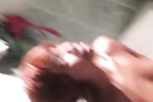 Red haired quite slender housewife with large boobs was engulfing my buddy in the baths