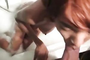 Red haired quite slender housewife with large boobs was engulfing my buddy in the baths