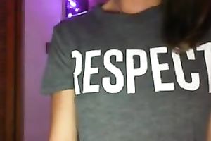 Awesome all natural cute and slim brunette hair gal falshes her milk shakes