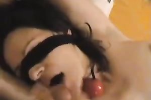 Blindfolded skinny and glamorous dark head got mouthfucked by my buddy