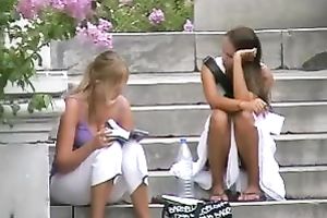 A pair of hawt non-professional European honeys on the stairs