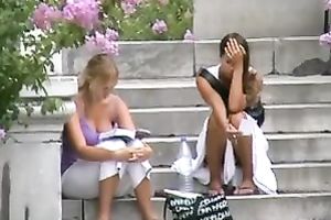 A pair of hawt non-professional European honeys on the stairs