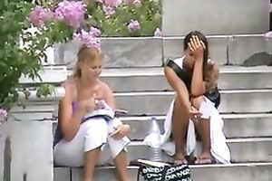 A pair of hawt non-professional European honeys on the stairs