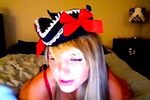Slutty blond legal age teenager skank on webcam engulfing and fucking herself