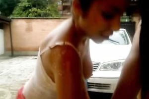 Spoiled Latin girls getting wet and smutty washing car