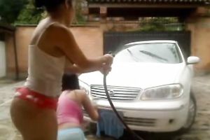 Spoiled Latin girls getting wet and smutty washing car