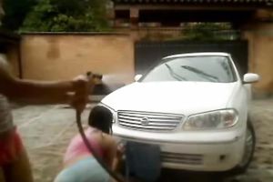 Spoiled Latin girls getting wet and smutty washing car