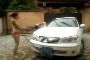 Spoiled Latin girls getting wet and smutty washing car
