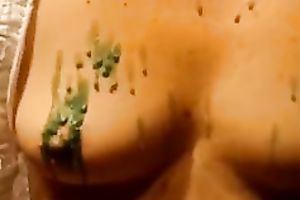 Small tittied sex ally squeezing her teats and torturing herself with wax