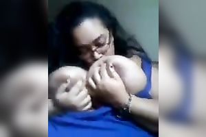 My ebon girlfriend in glasses is damn proud of her big zeppelins