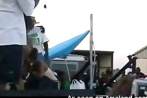 Dirty ebony doxies were engulfing dick in front of the crowd