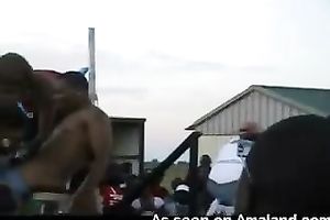 Dirty ebony doxies were engulfing dick in front of the crowd