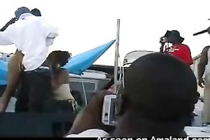 Dirty ebony doxies were engulfing dick in front of the crowd