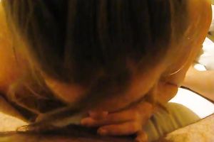 Greedy black haired whore kept on engulfing delightsome hard boner rod